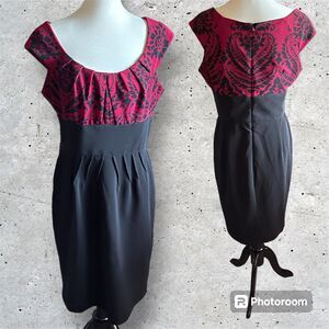 Vintage Maggy London Black Red Size 14 Woman's Sheath Cocktail Dress Pleat